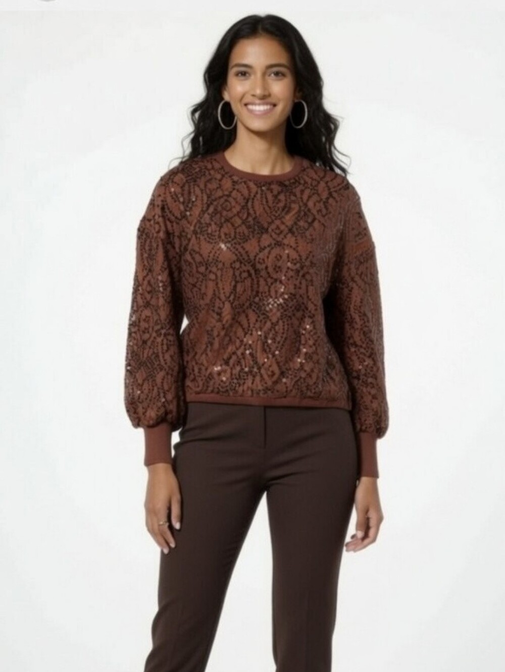 Badgley Mischka Brown Sequined Lace Pullover Sweater